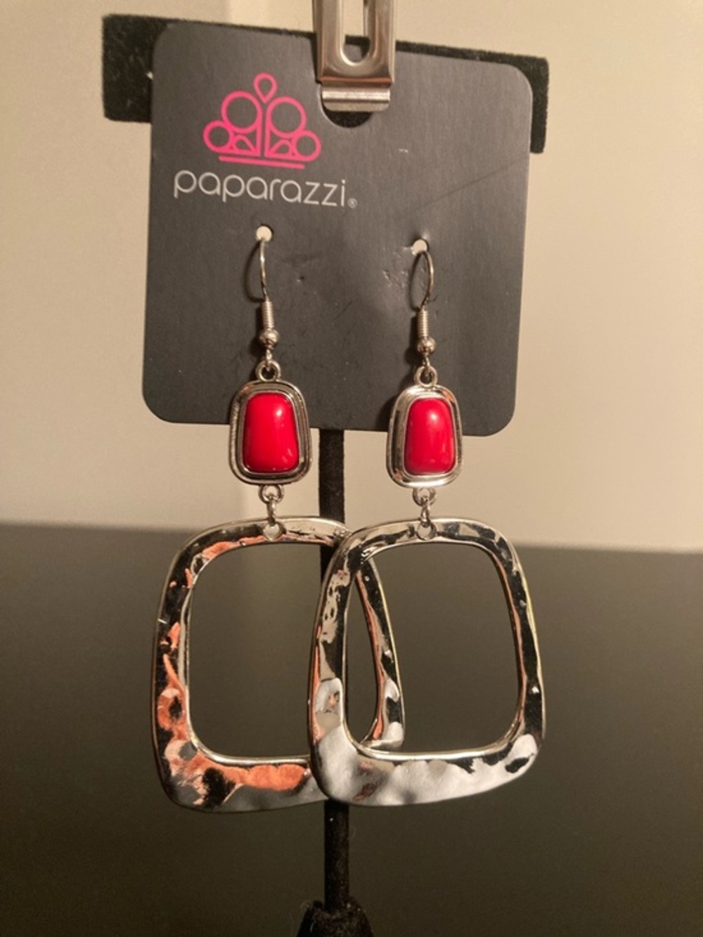 Paparazzi Silver Hammered Open-Square Earrings with Red Accents